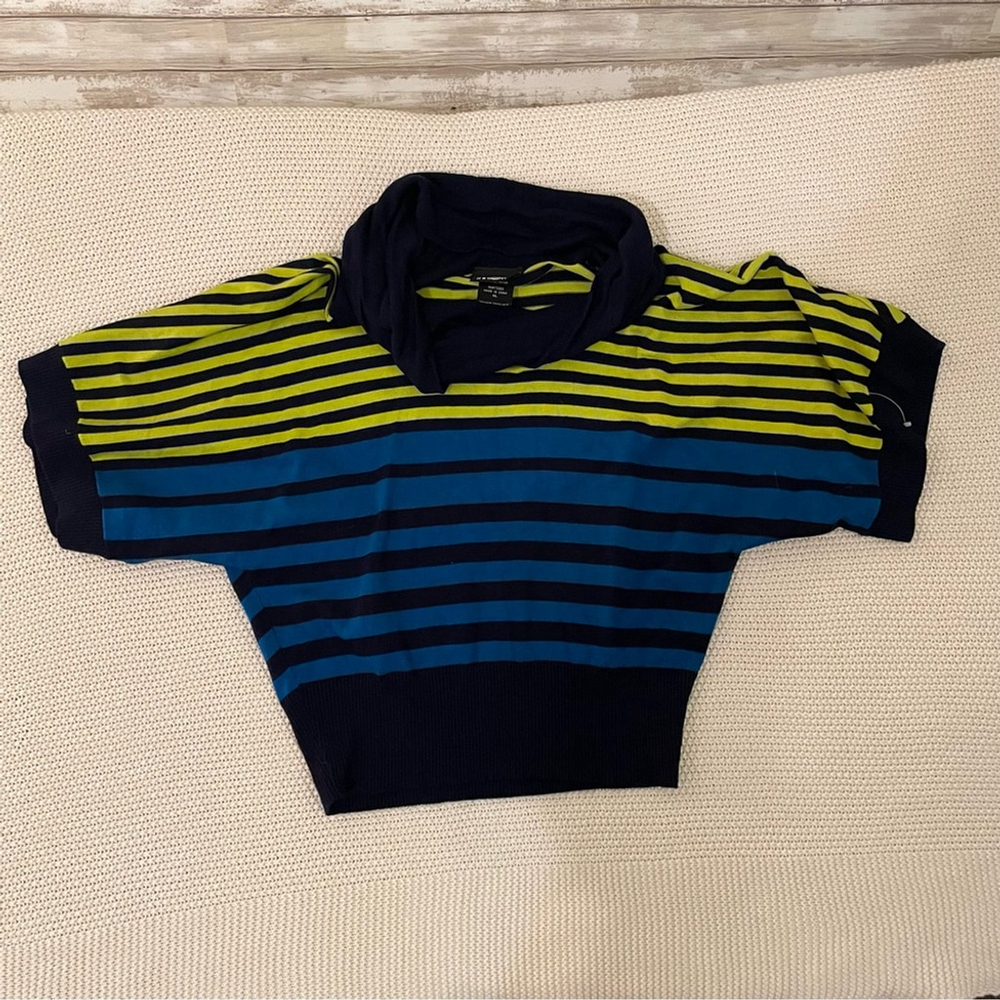 It's Our Time Women's Blue Green Stripes Crown Neck Short Sleeve Sweater